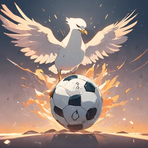 a powerful stylized seagull holding a soccer ball in its claws, 2d, flat, vector illustration, football team emblem, logo, centered, sharp, clean linework, sports, neutral grey background