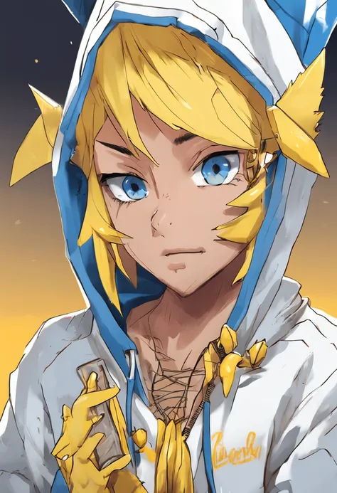 yellow spiky hair white skin blue eyes blue hoodie shirt and a crown