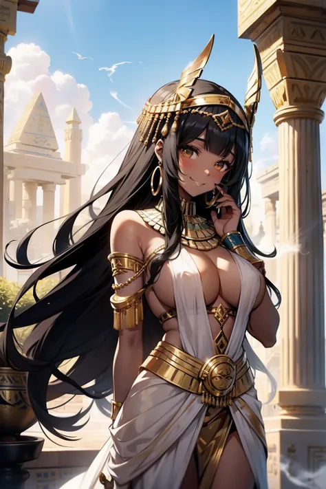 egyptian girl, black skin, egyptian hair, Cleopatra hair, black hair, golden diadem on head, wearing white egyptian clothes, empretress clothes, golden palace, smoke in golden vases, smoke coming out of hand, tattooed body,, , Smiling in an oasis, 4k