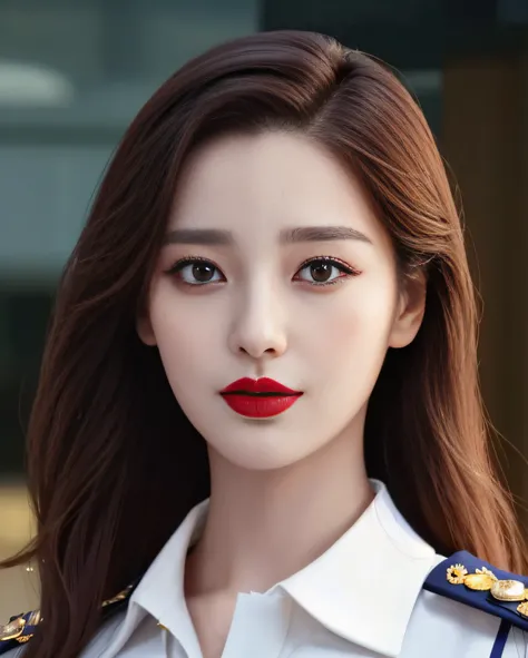 Close-up of a woman wearing red lipstick in uniform, beautiful Korean women, Korean symmetrical face, south east asian with round face, Realistic beautiful face, Beautiful realistic face, Korean girl, Korean woman, Korean face features, Beautiful young Kor...