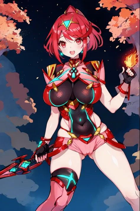 pyra (xenoblade), teen_1girl, loli, armor, bangs, black gloves, breasts, red eyes, light_open_mouth, earrings, eyelashes, fingerless gloves, floating hair, framed breasts, gem, gloves, hair ornament, headpiece, jewelry, big_breasts, leaning back, leotard, ...