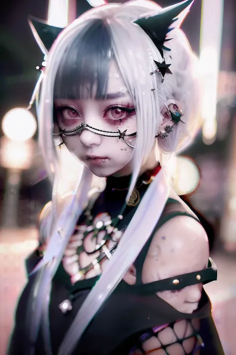 fiery eyes、bob cuts、Blunt bangs、(((A dark-haired))),eye glass、Lunette de soleil、piercings、Forehead、Blunt bangs、Eyebrows are visible、The bikini、goth_punk, 1girl in, 独奏, medium shot, Walking in Harajuku, ((during night)), bokeh dof, Neon light, Iridescent ey...