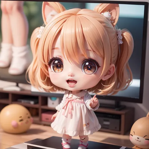 Cute Baby Chibi Anime,（（（Super masterpiece、top-quality、ultra-detailliert、女の子1人、Chibi：1.5））、Chibi Living、DVR、TV screen、A detailed face、Smile with open mouth、a small face、fullllbody、（Chibi：1.4）、8ｋ