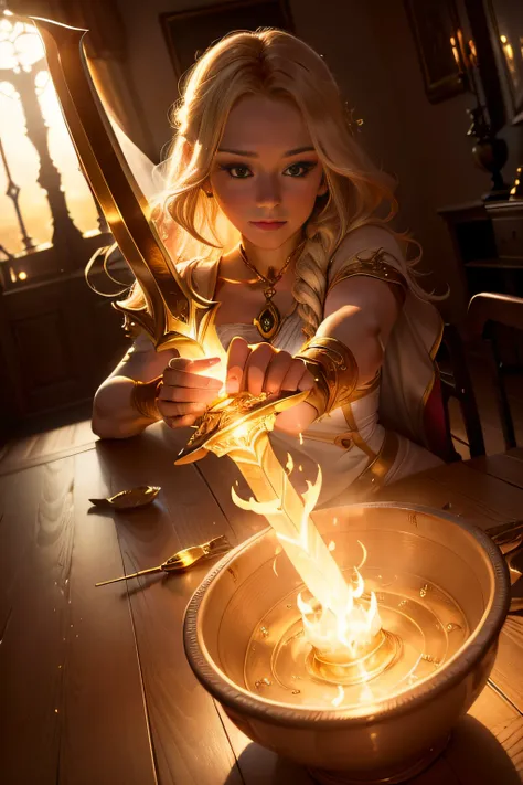 A beautifully detailed image of an enchanted sword lying on a table, glowing with magical energy. The blade, gleaming with a soft, warm light, curves and twists as it stretches from hand to hand, creating a mesmerizing, ethereal trail of swirling flames. T...