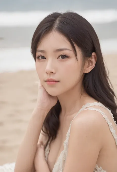 japanaese girl , 20 years old , Full body , Naked ,  , Beach , Black hair , Head Tilted , Lying on the beach