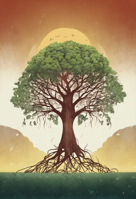 A sprouting seed on the left side of the frame, bursting with potential and hope. On the right side, a majestic and tall tree stands with its roots intricately depicted in the soil, symbolizing strength and resilience. The composition is set against a tran...