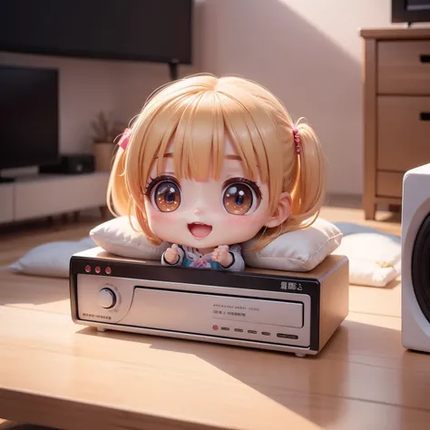 Cute Baby Chibi Anime,（（（Super masterpiece、top-quality、ultra-detailliert、女の子1人、Chibi：1.5））、Chibi Living、DVR、TV screen、A detailed face、Smile with open mouth、a small face、fullllbody、（Chibi：1.4）、8ｋ