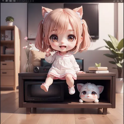 Cute Baby Chibi Anime,（（（Super masterpiece、top-quality、ultra-detailliert、女の子1人、Chibi：1.5））、Chibi Living、DVR、TV screen、A detailed face、Smile with open mouth、a small face、fullllbody、（Chibi：1.4）、8ｋ