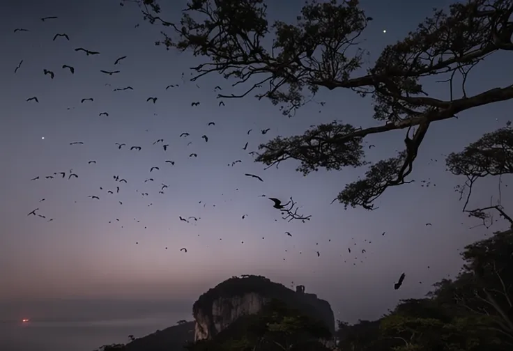 On the right side some vultures flying in circles on the edge of the cliff, sobrevoando o morro da Vista Chinesa, in Rio de Janeiro, Noite escura, com muitas sombras, stars and full moon in the sky and many trees coming down the cliff