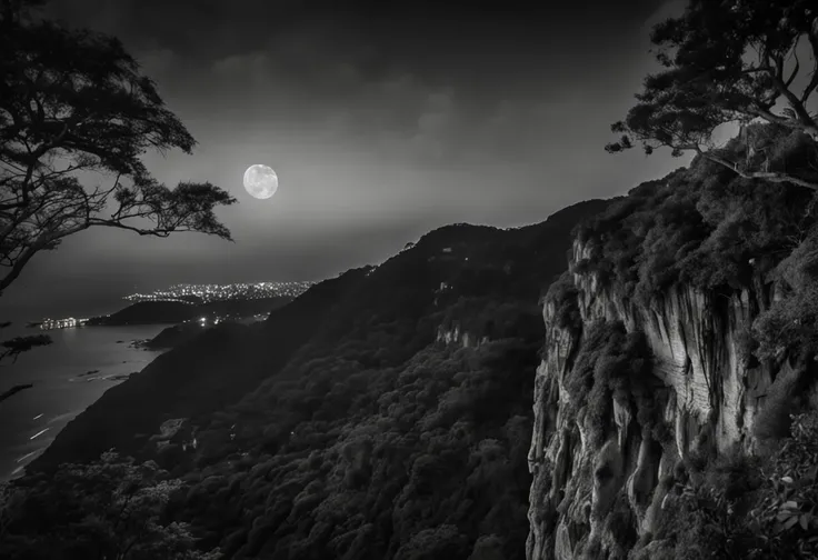 On the right side some vultures flying in circles on the edge of the cliff, sobrevoando o morro da Vista Chinesa, in Rio de Janeiro, Noite escura, com muitas sombras, stars and full moon in the sky and many trees coming down the cliff