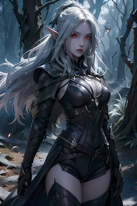 1girl, silver long hair, light red eyes, leather armor, rapier, dark forest, pointed ears, normal looking eyes