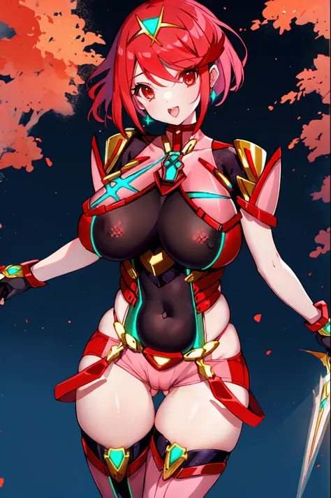 pyra (xenoblade), teen_1girl, loli, armor, bangs, black gloves, breasts, red eyes, light_open_mouth, earrings, eyelashes, fingerless gloves, floating hair, framed breasts, gem, gloves, hair ornament, headpiece, jewelry, big_breasts, leaning back, leotard, ...