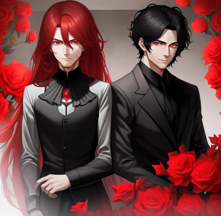 Two handsome men，A man with long bright red hair，Black tiara，Black and red gradient eyes，45° side face，Head up，A beam of light illuminates the eyes，Look at the light source，gentleness，Black suit，Crimson roses pinned to the chest；Another man with short blac...