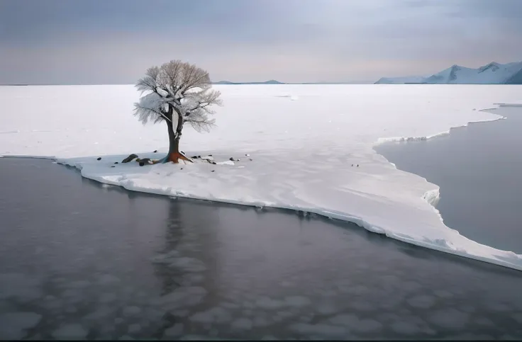 There is a lone tree standing on a small island in the middle of the water, ice snowy lake setting, icy lake setting, Frozen lake, surreal frozen landscape, Sparse frozen landscape, icy landscape, lonely tree, Frozen sea, Natural snowmelt in spring and win...