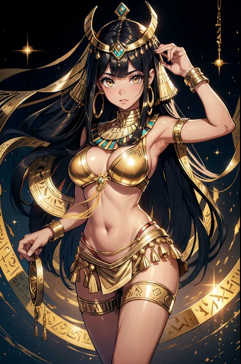 Egyptian girl, pele negra, Egyptian hair, Cleopatra hair, cabelos pretos, Golden diadem on the head, vestindo roupas brancas egipcias, manto real branco, colares de ouro de imperatriz