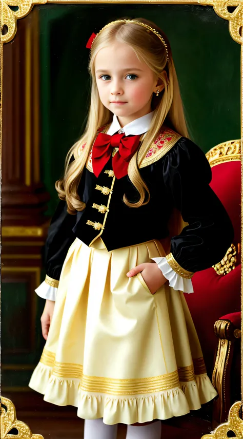 Russian, Girls Children , Portrait , Long blonde hair and bow，Layered skirt，Noble，opulent，cropped shoulders