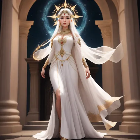 Theana, Light Goddess, Celestial, White Gown, Gem on forehead, On a giant entrance