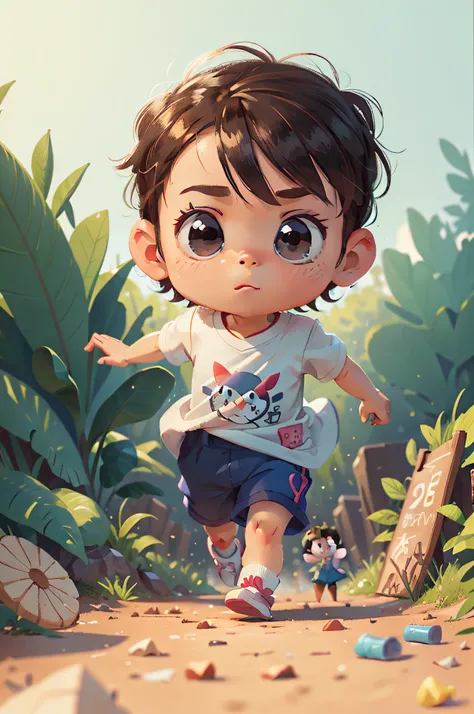 front view,A cute little boy is running front in a fairy tale world,Blind box,ip by Popmart,Style of Disnney,Style Pixar of Pixar,3D,C4D,candy color,neon palette,realistic,clear background,Oc rendering,soft focus,soft lighe,high saturation,8K,hdr,masterpie...