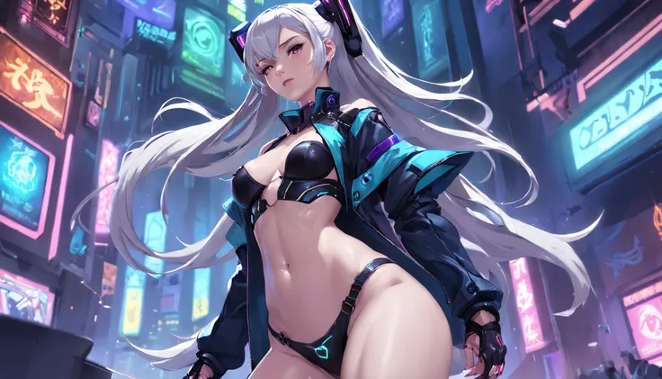 Surprisingly beautiful cyberpunk woman,age 22， Equal body long hair，full bodyesbian, illusory engine, 3Drenderingof, Extremely detailed, voluminetric lighting, 8K, high resolution, Polished，Domineering posture，Expose the lateral breasts，PC Wallpapers，leagu...