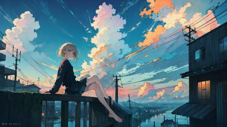 (Best quality),(Masterpiece),(Ultra detailed),(A high resolution),production art,1girll, sky, Barefoot, Solo, Cloud, Skirt, Sitting, Blue eyes, Outdoors, Blue sky, railing, day, Long sleeves, Sweater, Bare legs, Black skirt, sleeves past wrists, Pleated sk...