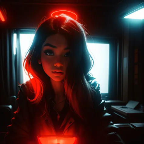 Beautiful girl in a dark room on the table is a glass neon bulb of red light, beatiful face, covered eyes, Gloomy, Neon light at the back