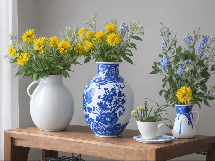 still life, wild flowers in blue and white and yellow, vintage white conical chipped ceramic vase, on a wooden table,