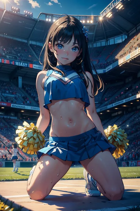 ​masterpiece, top-quality, Detailed details, Detailed landscapes, beatiful lights, one girls,12year old,innocent smiles,Childs body shape,Glistening sweat,Kneeling,open ones legs,detailed skin textures,((cheerleaders)),(stadio),(blue-sky)、llight rays、a min...