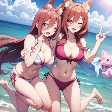 barefoot, no bra, no_panties, loli, fox_ears, one eye closed, pink hair, laughing, peace symbol , pink eyes, absurdly long hair, comic, on the ocean,  bikini under clothes, kemonomimi_mode,