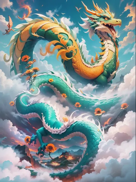 Describe the scenario with the yellow Chinese dragon, Flying through the blue sky. The dragon has a long, shapely body, with strained eyes and sharp claws. Its wings are majestic, and the mouth is open in a mighty roar. How the dragon flies, Fluffy white c...