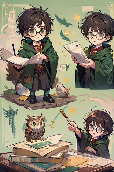 an owl give Harry potter a envelope, Harry potter holding magic wand , his messy black hair, wearing glasss, green eyes, wizard, robes, in school