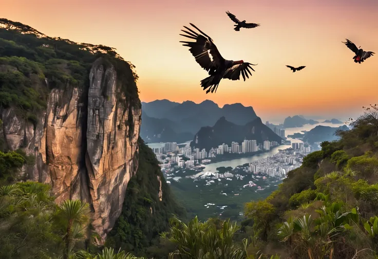 some vultures flying in circles on the edge of the cliff, flying over the hill of Vista Chinesa, in Rio de Janeiro, Dark night, with many shadows, stars and full moon in the sky and many trees descending the cliff