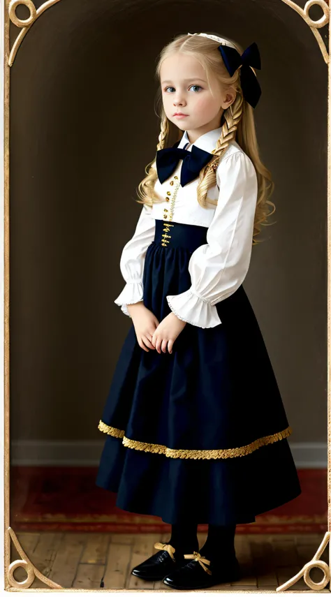 Russian, Girls Children , Portrait , Long blonde hair and bow，Layered skirt，Noble，opulent，cropped shoulders