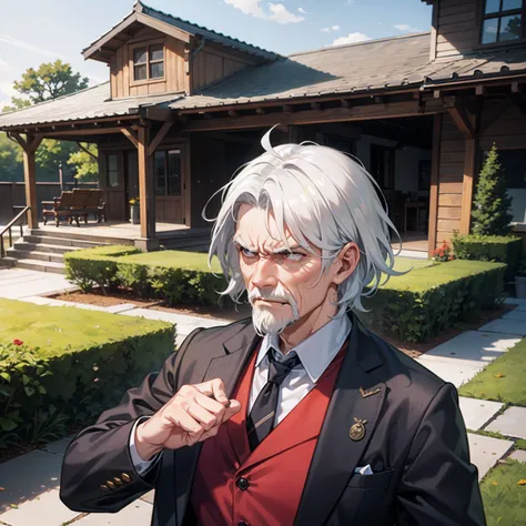 An old man，White hair，The expression is angry and angry，In the yard