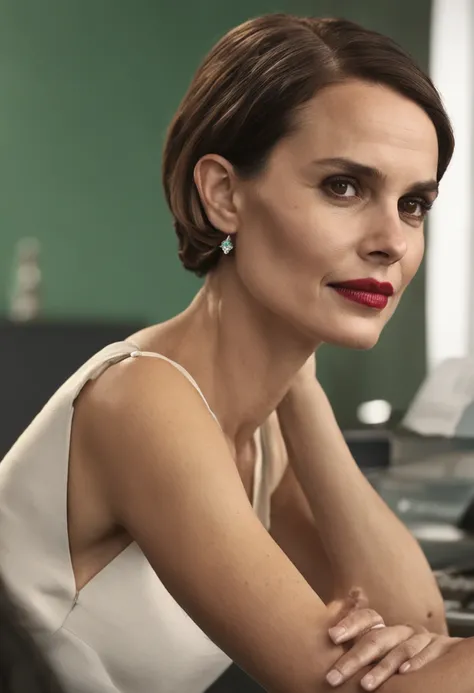 Sober OL、Beautiful woman、Beautiful sober office lady、O rosto lembra Natalie Portman、Natalie Portman、short hair、Cabelos prateados、No trabalho、usando minissaia、veste uma camisa branca、Typing on a typewriter