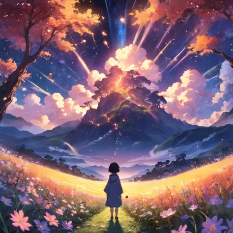 By Shinkai Makoto, Vast landscape photos , (a view from below that shows sky above and open field below), Boy standing in a flower field and looking up, (fullmoon:1.2), ( shooting stars:0.9), (nebulas:1.3), distant mountain, Tree Break Production Art, (War...