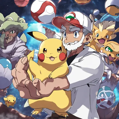 Anime Pokemon, Mundo Pokemon, Professor Oak, com oculos, barba branca, cabelo bege, jaleco branco, in his right hand holding a Master ball, great quality, qualidade de anime, Cell overlay.