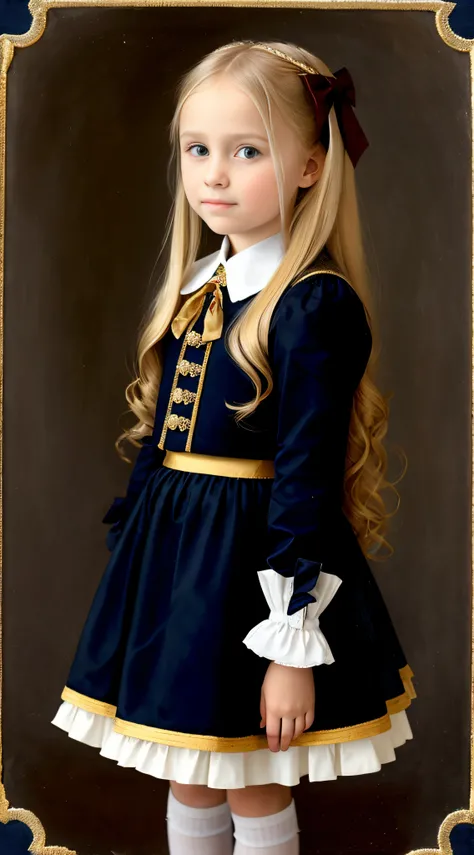 Russian, Girls Children , Portrait , Long blonde hair and bow，Layered skirt，Noble，opulent，cropped shoulders