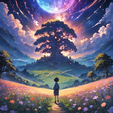 By Shinkai Makoto, Vast landscape photos , (a view from below that shows sky above and open field below), Boy standing in a flower field and looking up, (fullmoon:1.2), ( shooting stars:0.9), (nebulas:1.3), distant mountain, Tree Break Production Art, (War...