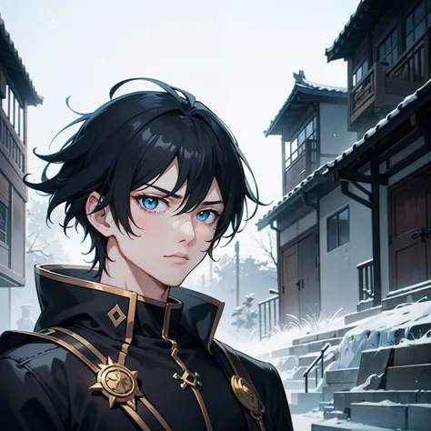 A boy，Black color hair，blue color eyes，Handsome，Chinese elements，The expression is serious ,In the yard.Illustration anime style，Dark 4K, hyper HD, Masterpiece