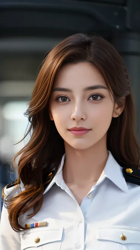 a female officer，beautiful face，looking to the camera