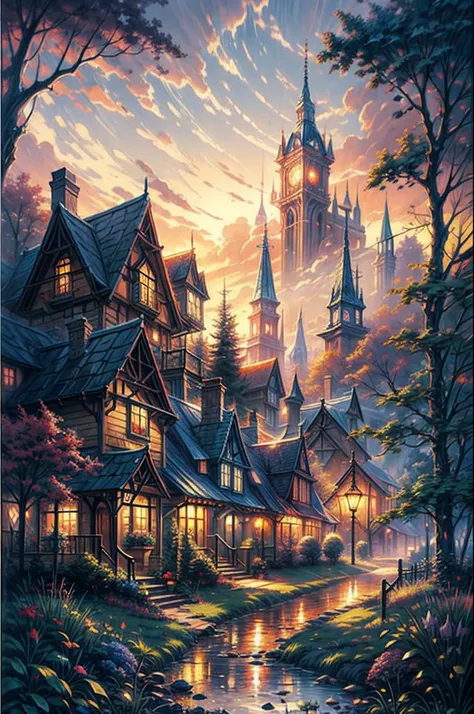 Thomas Kinkade style watercolor painting of a beautiful village in the middle of an enchanted forest, on a beautiful rainy day, sunset, HD,