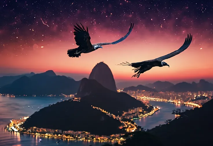 some vultures flying in circles on the edge of the cliff, flying over the hill of Vista Chinesa in the background Rio de Janeiro, lights, Dark night, with many shadows, stars and full moon in the sky and many trees descending the cliff