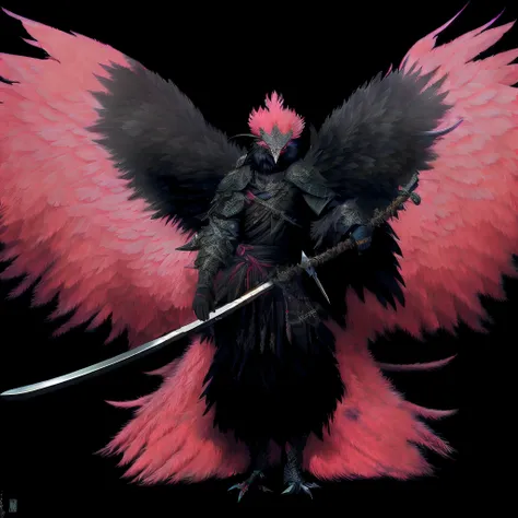 Bird Tengu with pink feathers and a sword in hand, black demonic Tengu warlord, avian warrior, masami kurumada, as a badass monster hunter, a phoenix, Japanese Tengu holding a sword, asas de penas escuras, Chega de Heroes Concept Art, Tengu, asas enormes d...