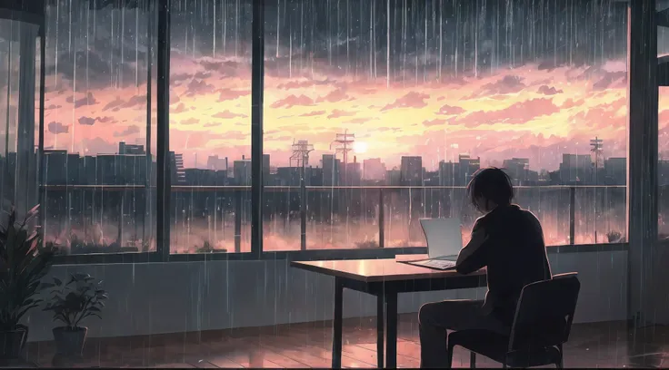 a man sitting at a table, in the bedroom, working with a notebook, rainy weather, atmospheric anime, Aesthetics of rain, raining outside, rainy day, rainy afternoon with sunset, rainy day with sunset outside, Praise Artstyle , anime aesthetics, lofi man, a...