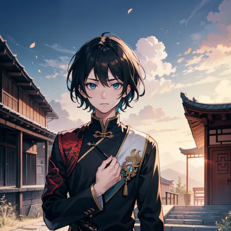 A boy，Black color hair，blue color eyes，Handsome，Chinese elements，The expression laughed ,In the yard.Illustration anime style，Dark 4K, hyper HD, Masterpiece