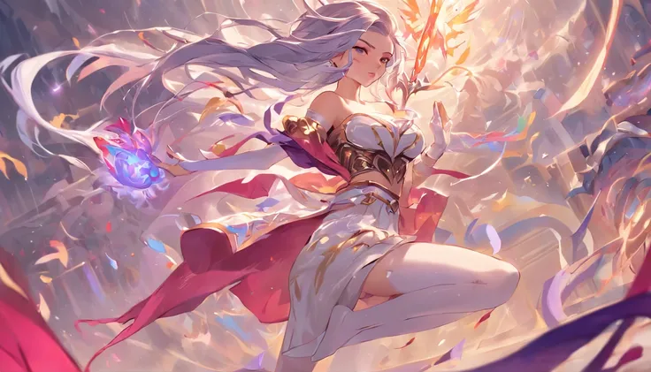 style of league of legends，Woman in off-the-shoulder clothing，Flying life-size colorful long hair，Serious expressions，complex clothing，Beautiful patterns are engraved on the clothes，Fair thighs exposed，Wear White Tights，The long skirt swayed in the wind，Fi...