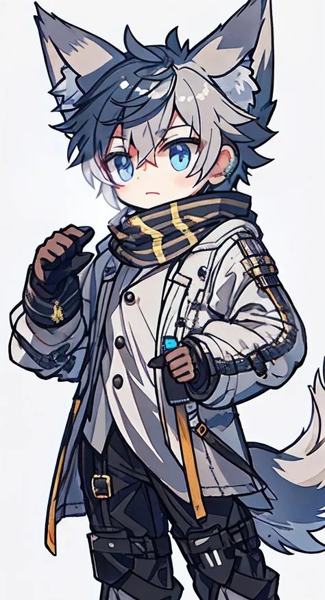 Plain white background Teenage character with reference sticker Fresh and cold temperament Masterpiece quality HD picture quality portrait Meticulous beauty Proud face Admiration Clear blue eyes Dark gray hair Messy hair fluttering Wolf ears are mysterious...