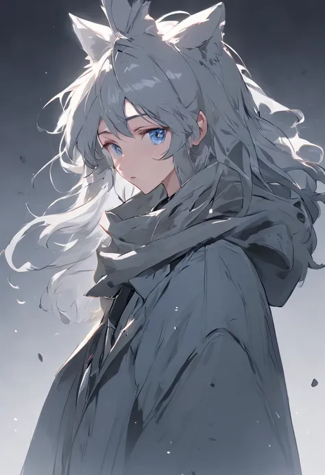 Pure white background Teenage character with reference sticker Fresh and cold temperament Masterpiece-quality HD quality portrait Detailed beauty Proud face Admiration Clear blue eyes Dark gray hair Messy hair fluttering Wolf ears are mysterious Obscure wo...