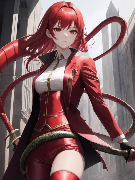 Girl, red pink Blood, Serpent, Scarlet Hair, Musculine, sword, suit