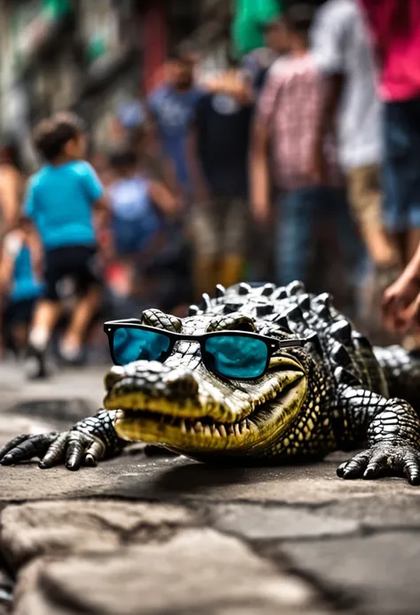 Alligator in sunglasses walking in Rio de Janeiro favela